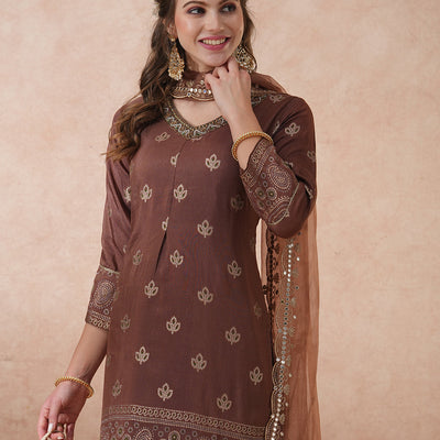 Ethnic Hand Embroidered Jacquard Straight Kurta with Pant & Dupatta - Brown