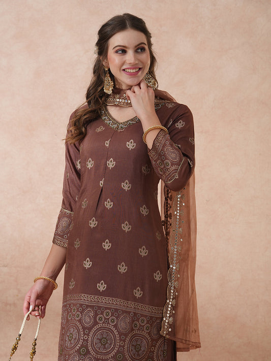 Ethnic Hand Embroidered Jacquard Straight Kurta with Pant & Dupatta - Brown