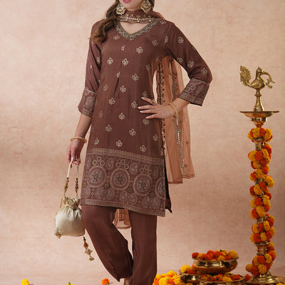 Ethnic Hand Embroidered Jacquard Straight Kurta with Pant & Dupatta - Brown