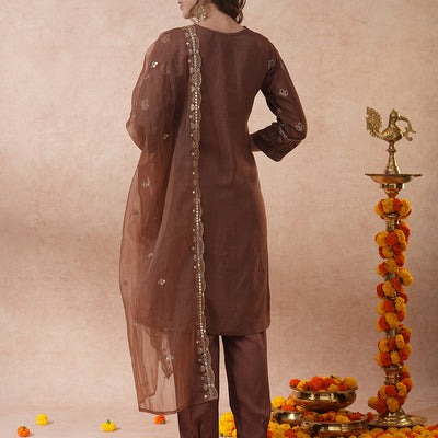 Ethnic Hand Embroidered Jacquard Straight Kurta with Pant & Dupatta - Brown