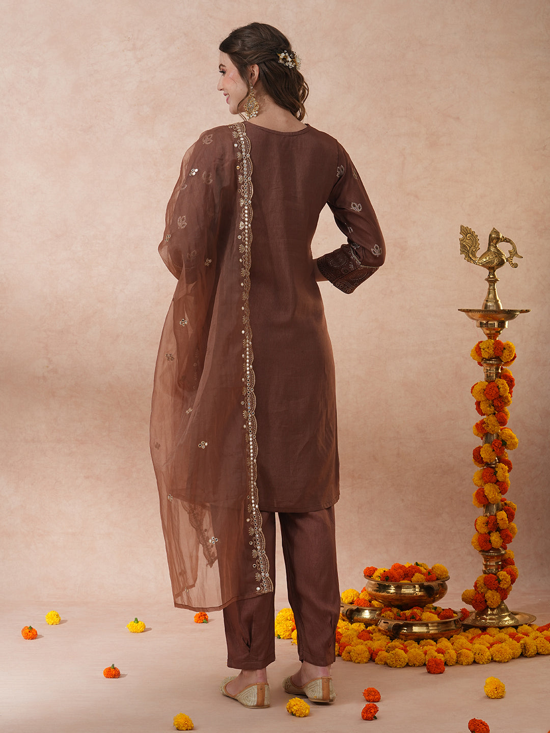 Ethnic Hand Embroidered Jacquard Straight Kurta with Pant & Dupatta - Brown