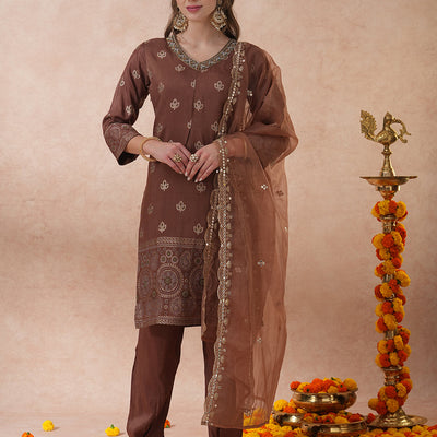 Ethnic Hand Embroidered Jacquard Straight Kurta with Pant & Dupatta - Brown