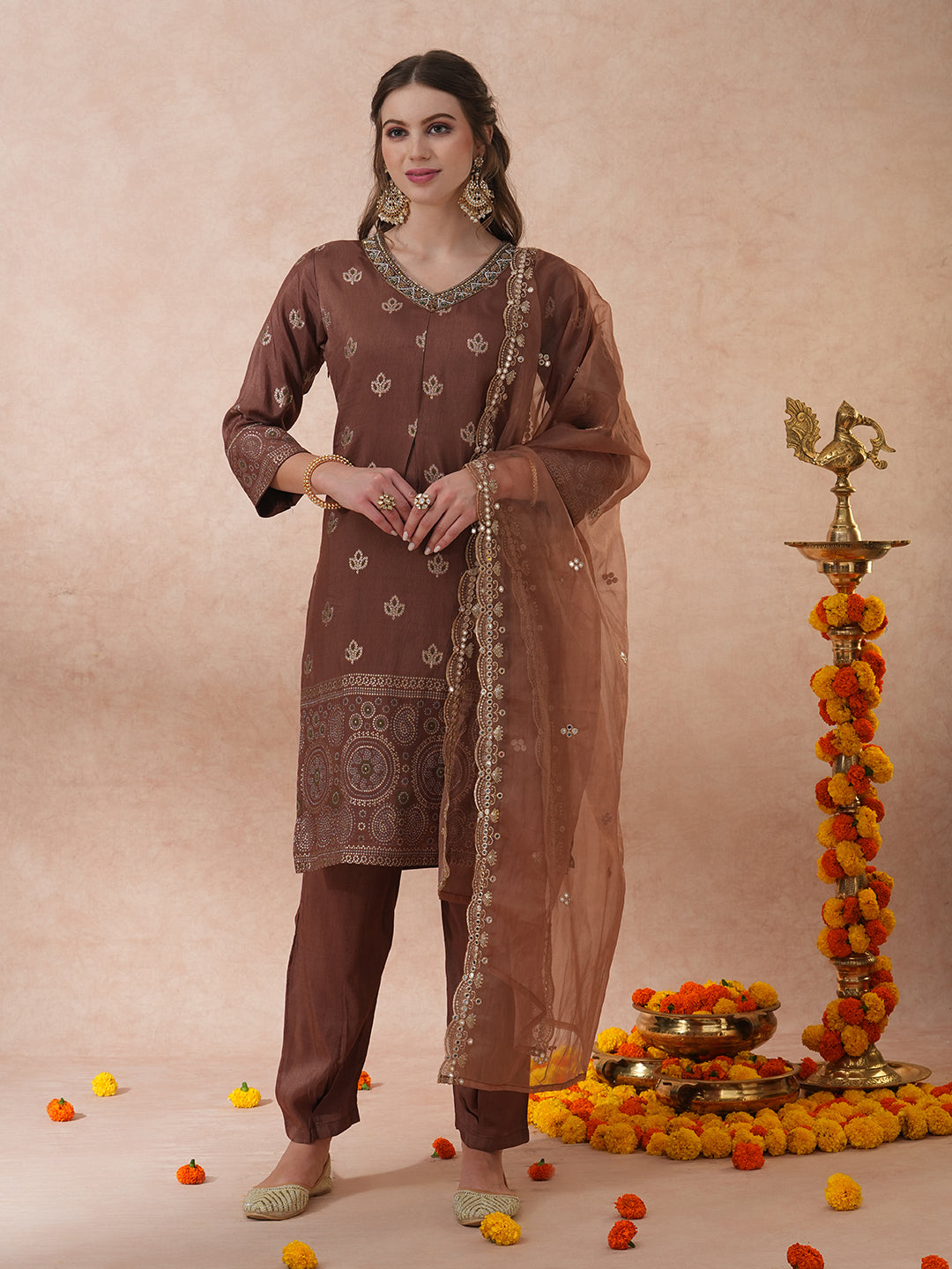 Ethnic Hand Embroidered Jacquard Straight Kurta with Pant & Dupatta - Brown