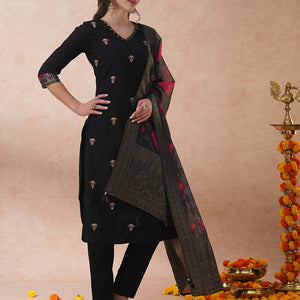 Ethnic Floral Embroidered Straight Fit Kurta with Pant and Dupatta - Black
