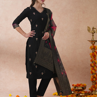 Ethnic Floral Embroidered Straight Fit Kurta with Pant and Dupatta - Black