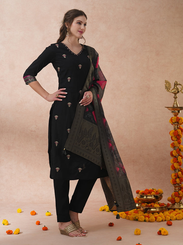 Ethnic Floral Embroidered Straight Fit Kurta with Pant and Dupatta - Black