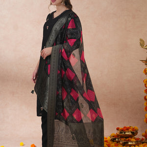 Ethnic Floral Embroidered Straight Fit Kurta with Pant and Dupatta - Black