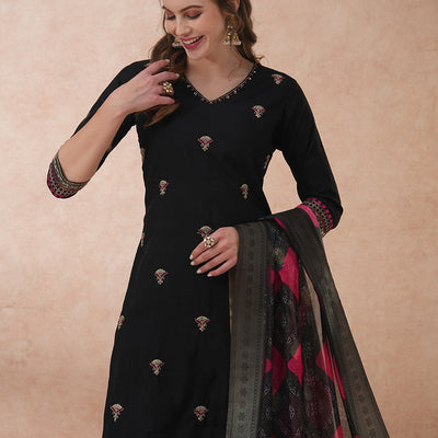 Ethnic Floral Embroidered Straight Fit Kurta with Pant and Dupatta - Black
