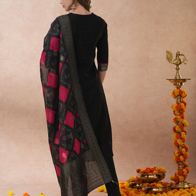 Ethnic Floral Embroidered Straight Fit Kurta with Pant and Dupatta - Black