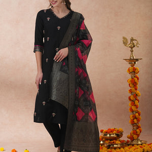 Ethnic Floral Embroidered Straight Fit Kurta with Pant and Dupatta - Black