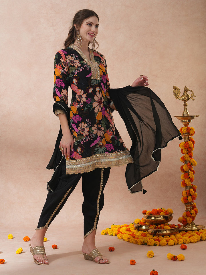 Abstract Floral Printed & Hand Embroidered A-Line Kurta with Pant & Dupatta - Black