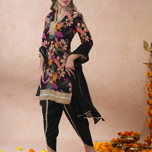 Abstract Floral Printed & Hand Embroidered A-Line Kurta with Pant & Dupatta - Black
