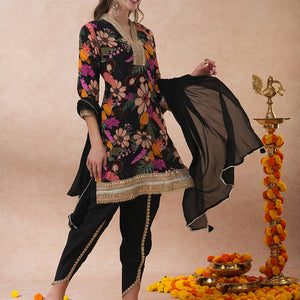 Abstract Floral Printed & Hand Embroidered A-Line Kurta with Pant & Dupatta - Black