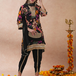 Abstract Floral Printed & Hand Embroidered A-Line Kurta with Pant & Dupatta - Black