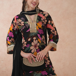 Abstract Floral Printed & Hand Embroidered A-Line Kurta with Pant & Dupatta - Black