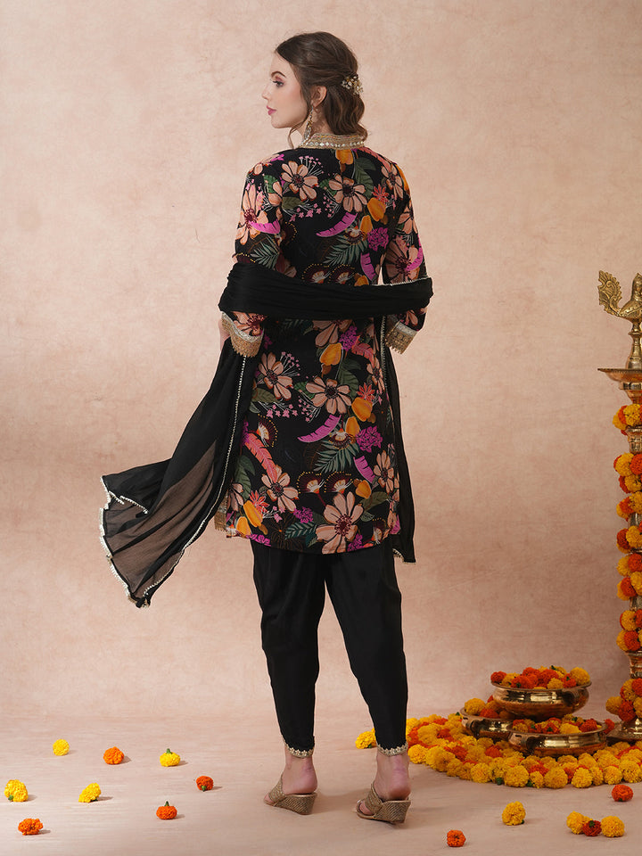 Abstract Floral Printed & Hand Embroidered A-Line Kurta with Pant & Dupatta - Black