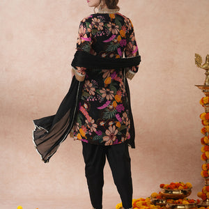 Abstract Floral Printed & Hand Embroidered A-Line Kurta with Pant & Dupatta - Black