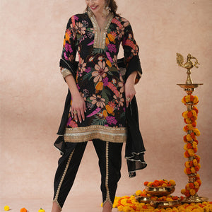 Abstract Floral Printed & Hand Embroidered A-Line Kurta with Pant & Dupatta - Black