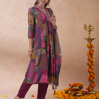 Abstract Floral Printed & Embroidered A-Line Kurta with Pant & Dupatta - Purple