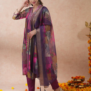 Abstract Floral Printed & Embroidered A-Line Kurta with Pant & Dupatta - Purple