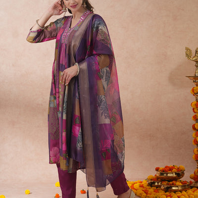 Abstract Floral Printed & Embroidered A-Line Kurta with Pant & Dupatta - Purple
