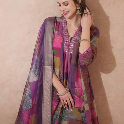 Abstract Floral Printed & Embroidered A-Line Kurta with Pant & Dupatta - Purple