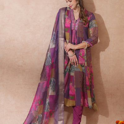 Abstract Floral Printed & Embroidered A-Line Kurta with Pant & Dupatta - Purple
