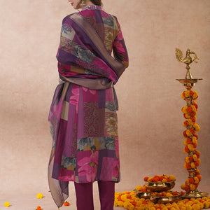 Abstract Floral Printed & Embroidered A-Line Kurta with Pant & Dupatta - Purple