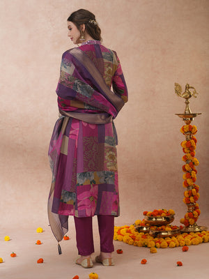Abstract Floral Printed & Embroidered A-Line Kurta with Pant & Dupatta - Purple