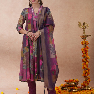 Abstract Floral Printed & Embroidered A-Line Kurta with Pant & Dupatta - Purple