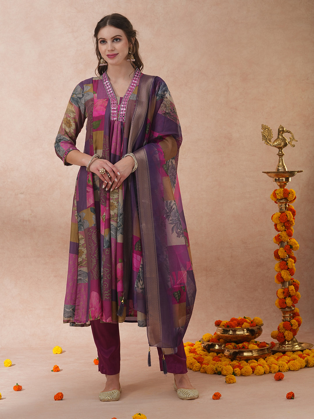 Abstract Floral Printed & Embroidered A-Line Kurta with Pant & Dupatta - Purple