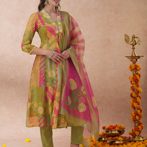 Abstract Floral Printed & Hand Embroidered A-Line Kurta with Pant & Dupatta - Green