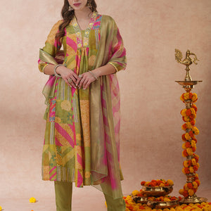 Abstract Floral Printed & Hand Embroidered A-Line Kurta with Pant & Dupatta - Green