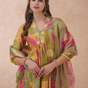 Abstract Floral Printed & Hand Embroidered A-Line Kurta with Pant & Dupatta - Green