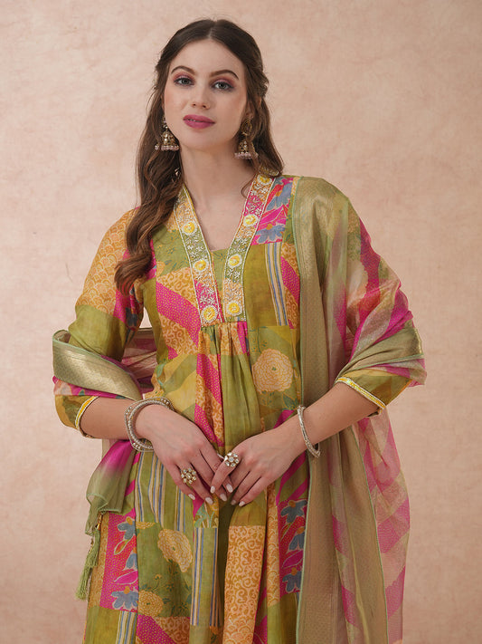 Abstract Floral Printed & Hand Embroidered A-Line Kurta with Pant & Dupatta - Green