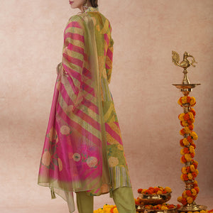 Abstract Floral Printed & Hand Embroidered A-Line Kurta with Pant & Dupatta - Green
