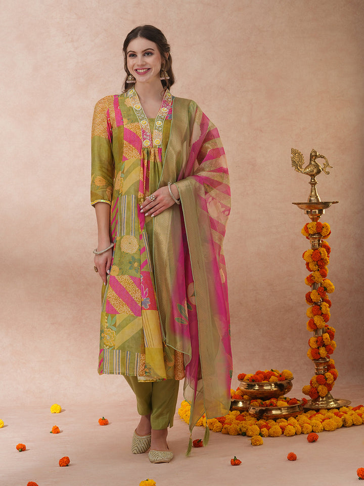 Abstract Floral Printed & Hand Embroidered A-Line Kurta with Pant & Dupatta - Green