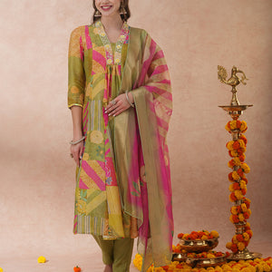 Abstract Floral Printed & Hand Embroidered A-Line Kurta with Pant & Dupatta - Green