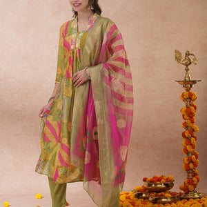 Abstract Floral Printed & Hand Embroidered A-Line Kurta with Pant & Dupatta - Green