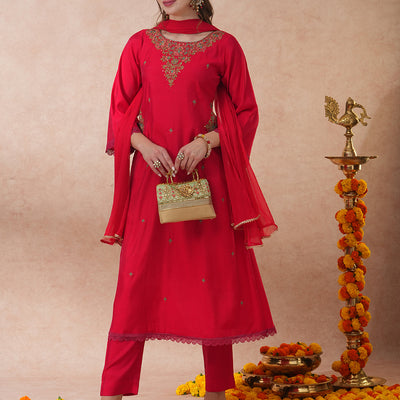 Ethnic Floral Embroidered A-Line Kurta with Pant and Dupatta - Pink