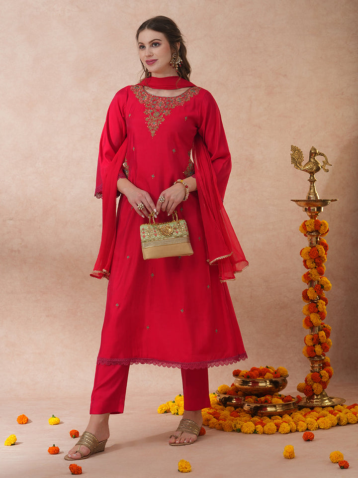 Ethnic Floral Embroidered A-Line Kurta with Pant and Dupatta - Pink