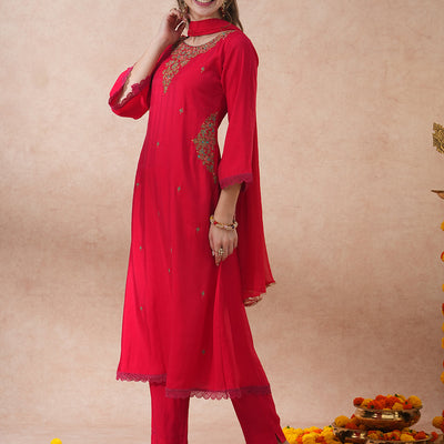 Ethnic Floral Embroidered A-Line Kurta with Pant and Dupatta - Pink