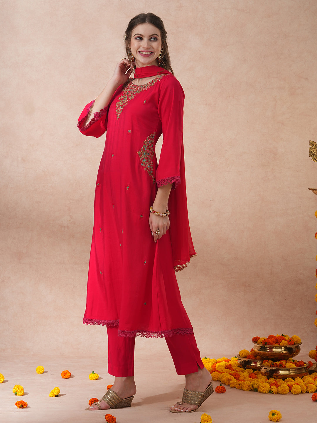 Ethnic Floral Embroidered A-Line Kurta with Pant and Dupatta - Pink