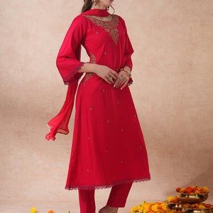 Ethnic Floral Embroidered A-Line Kurta with Pant and Dupatta - Pink