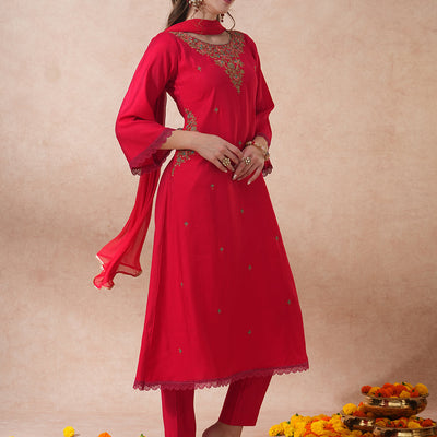 Ethnic Floral Embroidered A-Line Kurta with Pant and Dupatta - Pink