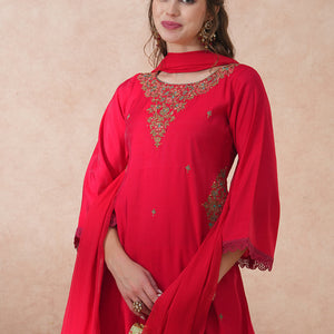 Ethnic Floral Embroidered A-Line Kurta with Pant and Dupatta - Pink
