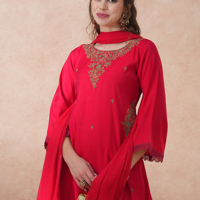 Ethnic Floral Embroidered A-Line Kurta with Pant and Dupatta - Pink