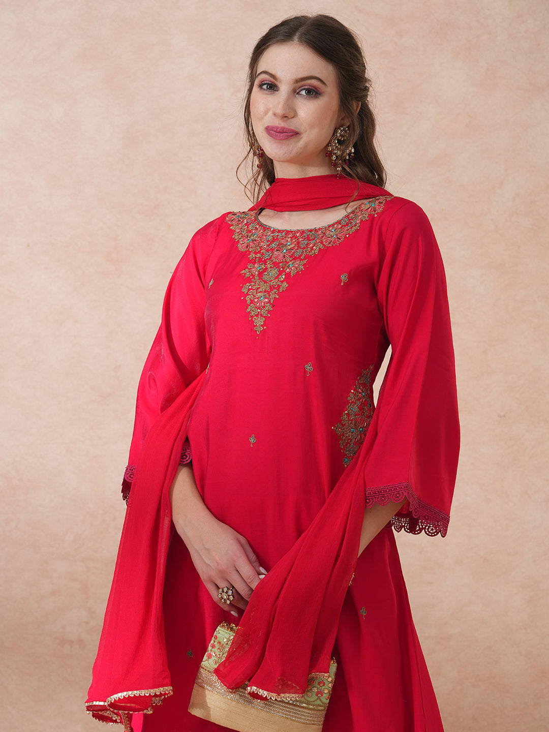 Ethnic Floral Embroidered A-Line Kurta with Pant and Dupatta - Pink