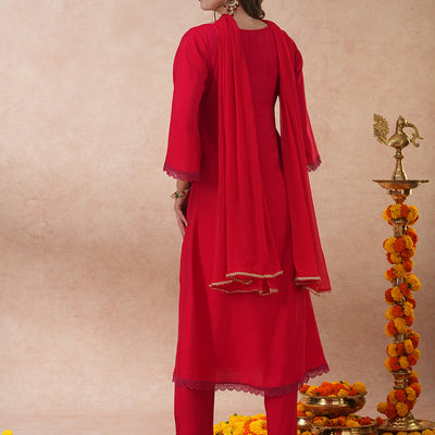 Ethnic Floral Embroidered A-Line Kurta with Pant and Dupatta - Pink