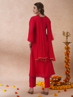 Ethnic Floral Embroidered A-Line Kurta with Pant and Dupatta - Pink